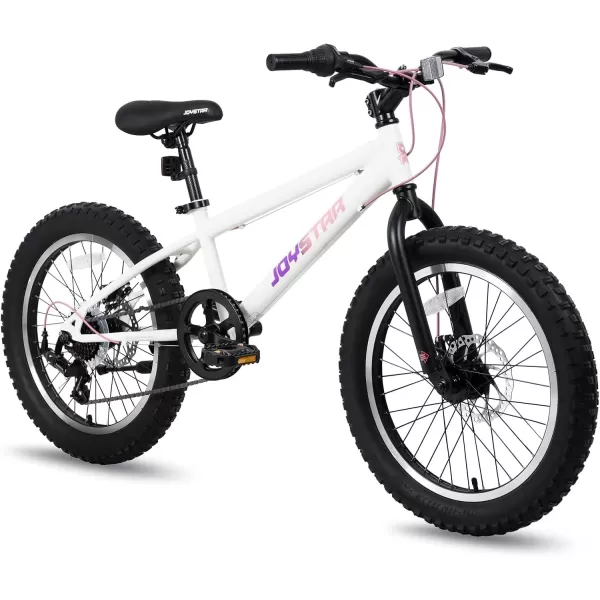 JOYSTAR 20 Inch Mountain Bike for Kids Ages 7 12 Year Old 3 Inch Wide Knobby Tires 7 Speed Shimano Drivetrain Disc Brakes Fat Tire Kids Bicycles for Boys Girls White JOYSTAR