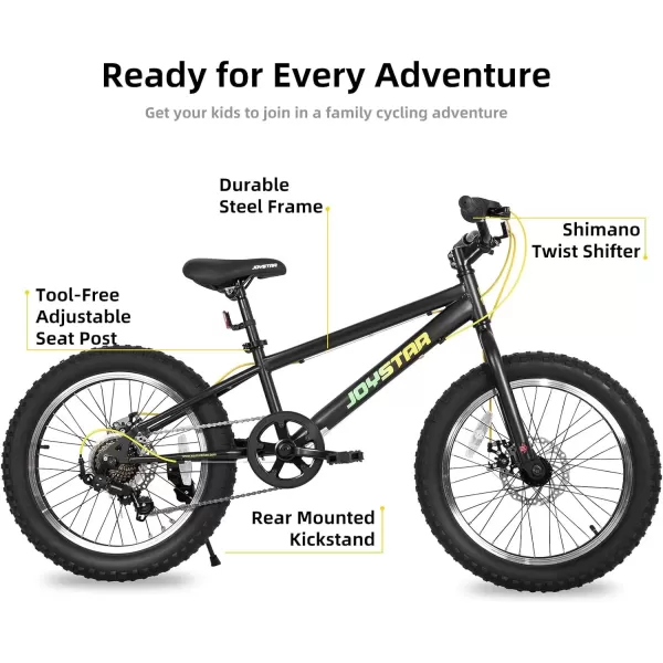 imageJOYSTAR 20 Inch Mountain Bike for Kids Ages 712 Year Old 3Inch Wide Knobby Tires 7 Speed Shimano Drivetrain Disc Brakes Fat Tire Kids Bicycles for Boys GirlsBlack