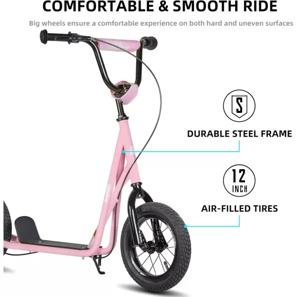 imageJOYSTAR Kick Scooter for Ages 59 Years Old Boys Girls 12 Inch Big Wheels Scooters for Kids Teens and Adults Rear Brake and Adjustable Handlebar Kids ScooterPink