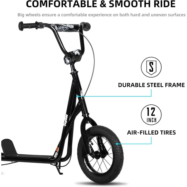 imageJOYSTAR Kick Scooter for Ages 59 Years Old Boys Girls 12 Inch Big Wheels Scooters for Kids Teens and Adults Rear Brake and Adjustable Handlebar Kids ScooterBlack