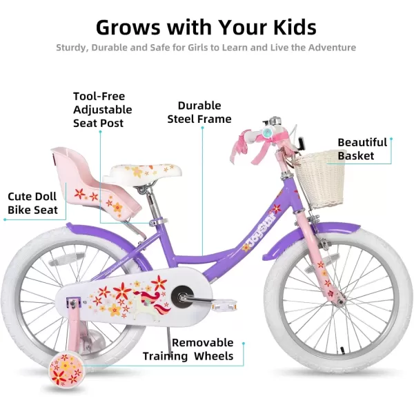 imageJOYSTAR Unicorn Kids Bike for Girls Ages 29 Years Old 12 14 16 18 Inch Kids Bike with Training Wheels Doll Seat Streamers and Basket Toddler Girls Bike Multiple ColorsPurple