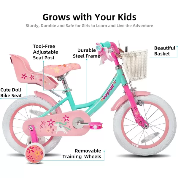imageJOYSTAR Unicorn Kids Bike for Girls Ages 29 Years Old 12 14 16 18 Inch Kids Bike with Training Wheels Doll Seat Streamers and Basket Toddler Girls Bike Multiple ColorsGreen