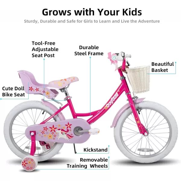 imageJOYSTAR Unicorn Kids Bike for Girls Ages 29 Years Old 12 14 16 18 Inch Kids Bike with Training Wheels Doll Seat Streamers and Basket Toddler Girls Bike Multiple ColorsFuchsia