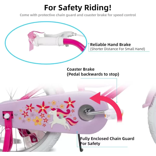 imageJOYSTAR Unicorn Kids Bike for Girls Ages 29 Years Old 12 14 16 18 Inch Kids Bike with Training Wheels Doll Seat Streamers and Basket Toddler Girls Bike Multiple ColorsFuchsia
