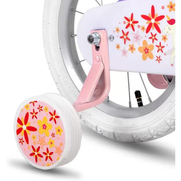 imageJOYSTAR Unicorn Kids Bike for Girls Ages 29 Years Old 12 14 16 18 Inch Kids Bike with Training Wheels Doll Seat Streamers and Basket Toddler Girls Bike Multiple ColorsPurple