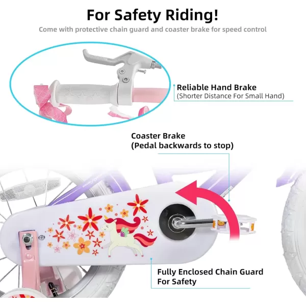 imageJOYSTAR Unicorn Kids Bike for Girls Ages 29 Years Old 12 14 16 18 Inch Kids Bike with Training Wheels Doll Seat Streamers and Basket Toddler Girls Bike Multiple ColorsPurple