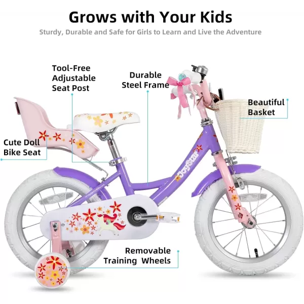 imageJOYSTAR Unicorn Kids Bike for Girls Ages 29 Years Old 12 14 16 18 Inch Kids Bike with Training Wheels Doll Seat Streamers and Basket Toddler Girls Bike Multiple ColorsPurple
