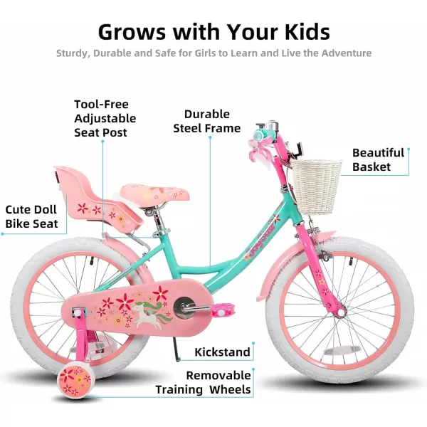 imageJOYSTAR Unicorn Kids Bike for Girls Ages 29 Years Old 12 14 16 18 Inch Kids Bike with Training Wheels Doll Seat Streamers and Basket Toddler Girls Bike Multiple ColorsGreen