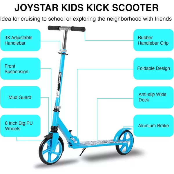 imageJOYSTAR Kick Scooter for Kids Ages 59 ampamp Teens 8 in Big Wheel Scooter for Boys Girls Foldable Kids Scooter with Adjustable Handlebars Front Shock Absorption ampamp Rear Brake Multiple ColorsBlue