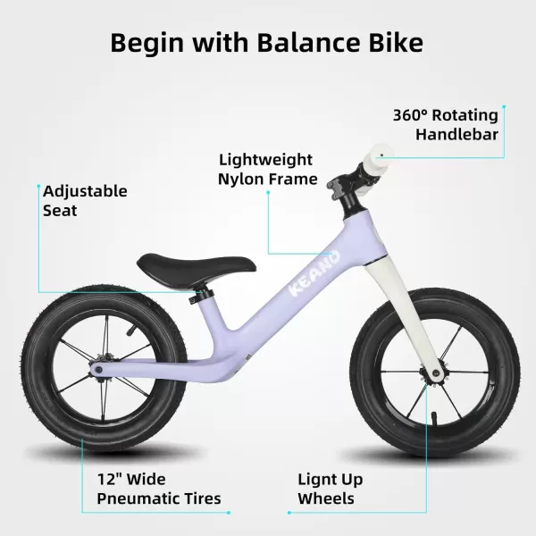 imageKEANO 12 Inch Kids Balance Bike for 26 Years Old Girls Boys Toddler Balance Bike 2 Year Old LightUp Wheels No Pedal Push Bicycle Adjustable Seat Lightweight Nylon Frame Multiple ColorsPurple