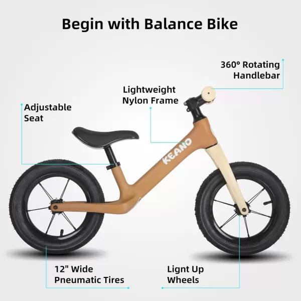 imageKEANO 12 Inch Kids Balance Bike for 26 Years Old Girls Boys Toddler Balance Bike 2 Year Old LightUp Wheels No Pedal Push Bicycle Adjustable Seat Lightweight Nylon Frame Multiple ColorsBrown