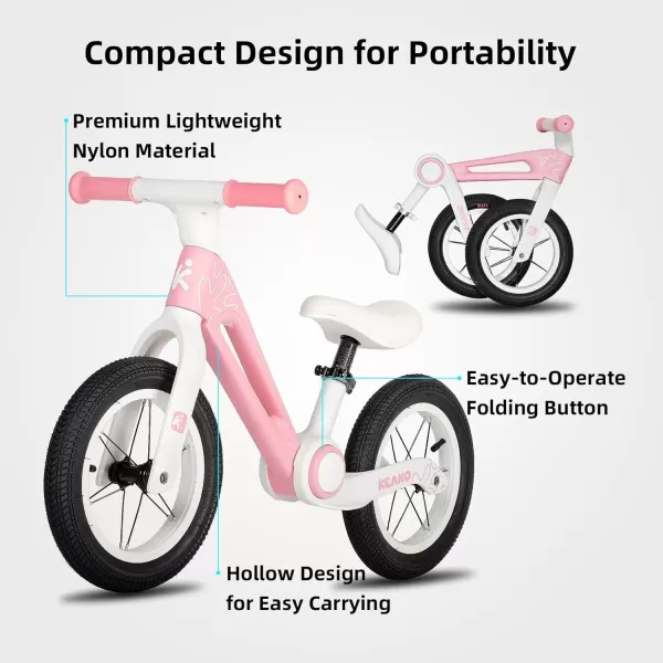 imageKEANO 12quot Foldable Balance Bike for 2 Year Old Girls ampamp Boys Toddler Balance Bicycle for Kids Ages 24 Months to 6 Years No Pedal Push Balance Bike Adjustable Seat ampamp FlatFree Tires Multiple ColorsPink