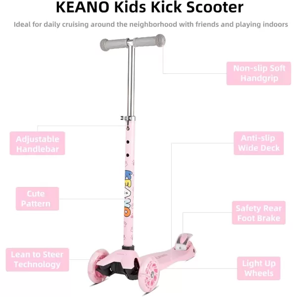 imageKEANO Kick Scooter for Boys ampamp Girls Ages 38 Kids and Toddler 3 Wheel Scooter with Light Up Wheels Adjustable Handlebars Rear Brake Wide Deck Kids ScooterPink