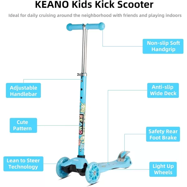 imageKEANO Kick Scooter for Boys ampamp Girls Ages 38 Kids and Toddler 3 Wheel Scooter with Light Up Wheels Adjustable Handlebars Rear Brake Wide Deck Kids ScooterBlue