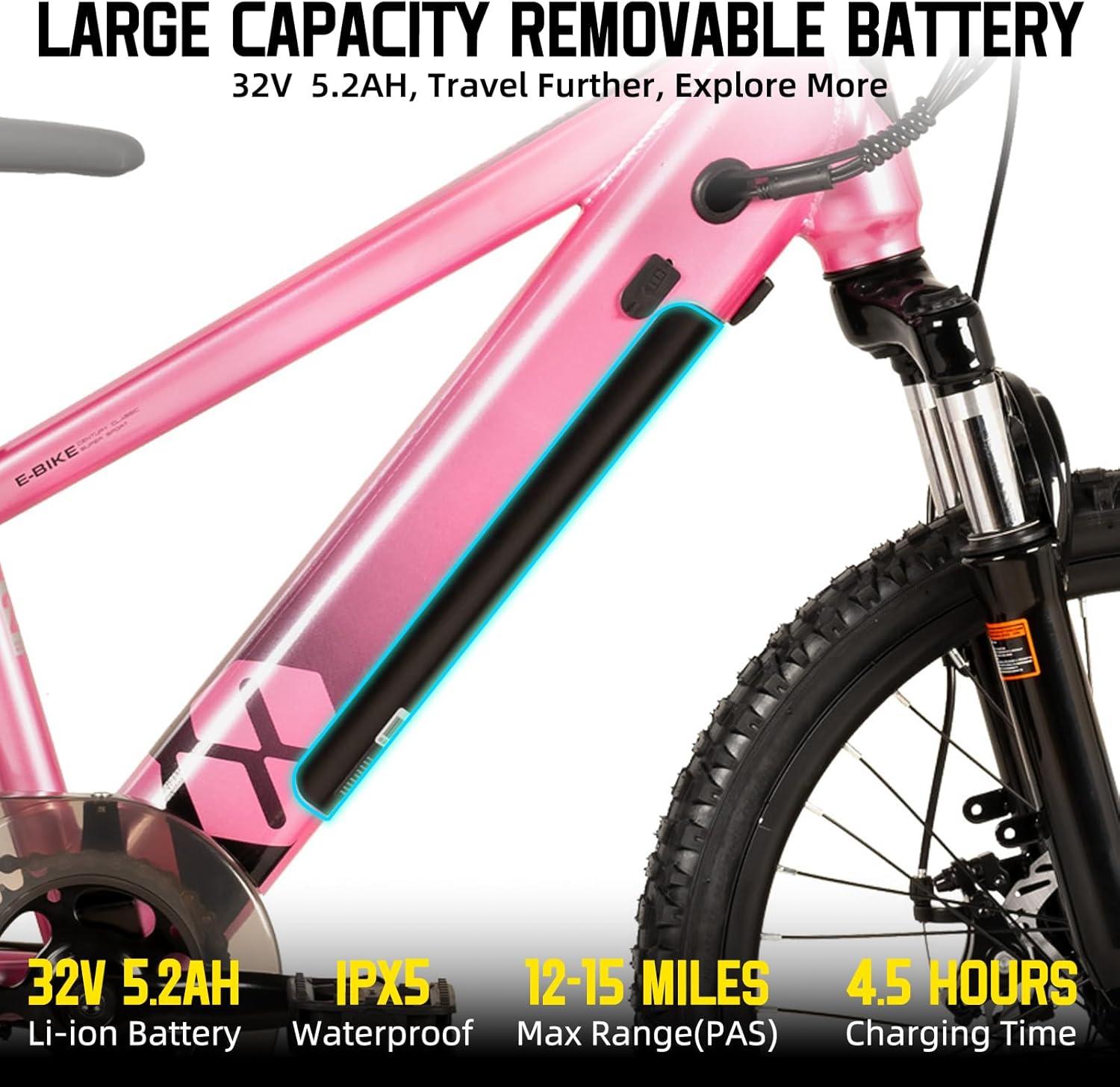 imageJOYSTAR Electric Bike for Kids Teens Ages 10 with 350W Brushless Motor 15 Miles 15MPH Electric Mountain Bicycle with Removable Battery Safe Mini Ebikes with Dual Disc Brakes Multiple ColorsPink