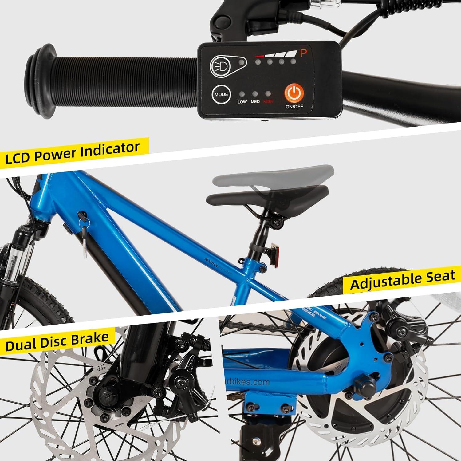 imageJOYSTAR Electric Bike for Kids Teens Ages 10 with 350W Brushless Motor 15 Miles 15MPH Electric Mountain Bicycle with Removable Battery Safe Mini Ebikes with Dual Disc Brakes Multiple ColorsBlue