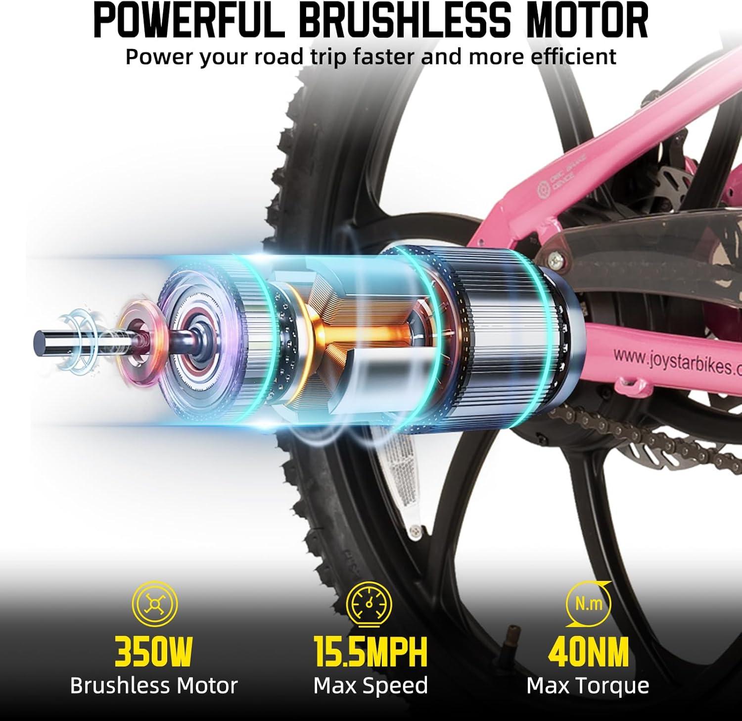 imageJOYSTAR Electric Bike for Kids Teens Ages 10 with 350W Brushless Motor 15 Miles 15MPH Electric Mountain Bicycle with Removable Battery Safe Mini Ebikes with Dual Disc Brakes Multiple ColorsPink
