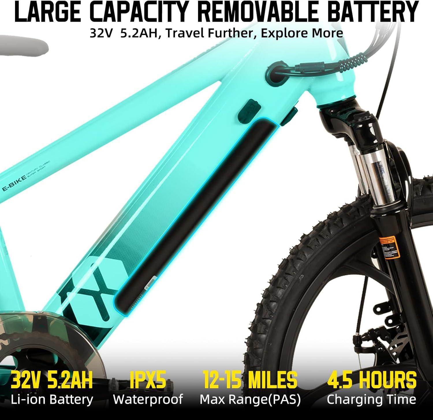 imageJOYSTAR Electric Bike for Kids Teens Ages 10 with 350W Brushless Motor 15 Miles 15MPH Electric Mountain Bicycle with Removable Battery Safe Mini Ebikes with Dual Disc Brakes Multiple ColorsGreen