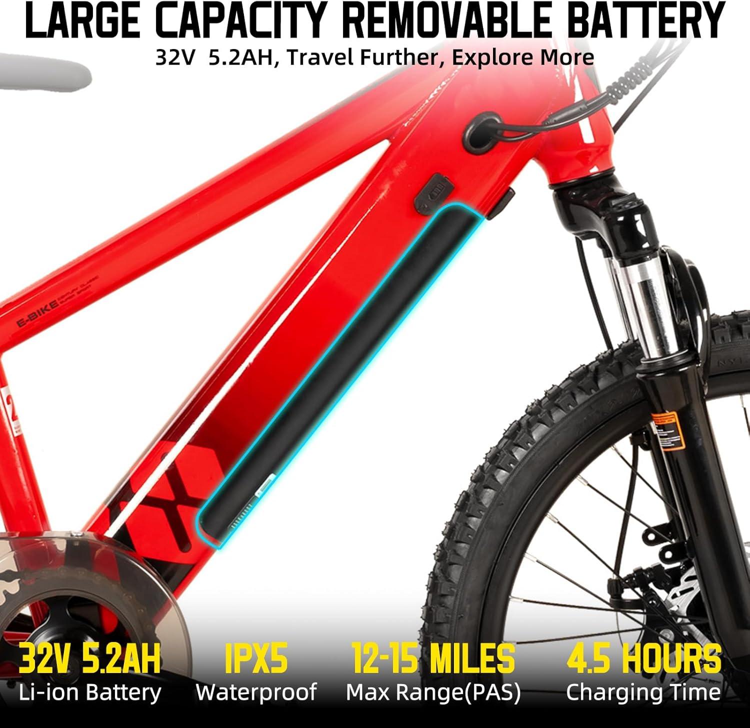imageJOYSTAR Electric Bike for Kids Teens Ages 10 with 350W Brushless Motor 15 Miles 15MPH Electric Mountain Bicycle with Removable Battery Safe Mini Ebikes with Dual Disc Brakes Multiple ColorsRed