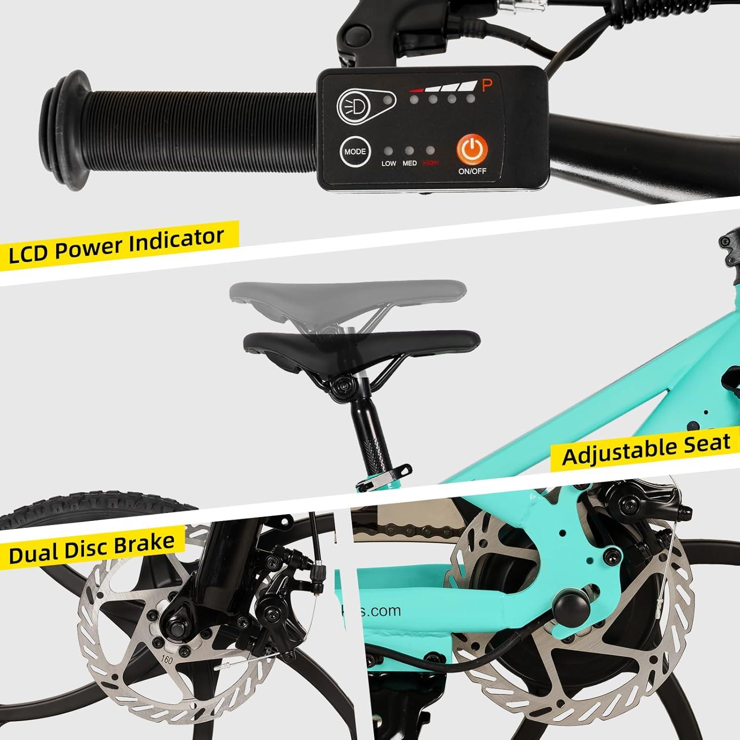 imageJOYSTAR Electric Bike for Kids Teens Ages 10 with 350W Brushless Motor 15 Miles 15MPH Electric Mountain Bicycle with Removable Battery Safe Mini Ebikes with Dual Disc Brakes Multiple ColorsGreen