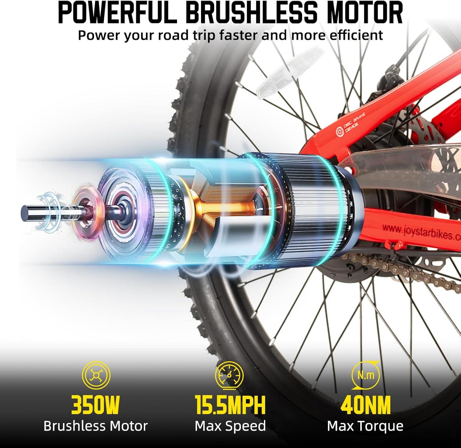 imageJOYSTAR Electric Bike for Kids Teens Ages 10 with 350W Brushless Motor 15 Miles 15MPH Electric Mountain Bicycle with Removable Battery Safe Mini Ebikes with Dual Disc Brakes Multiple ColorsRed