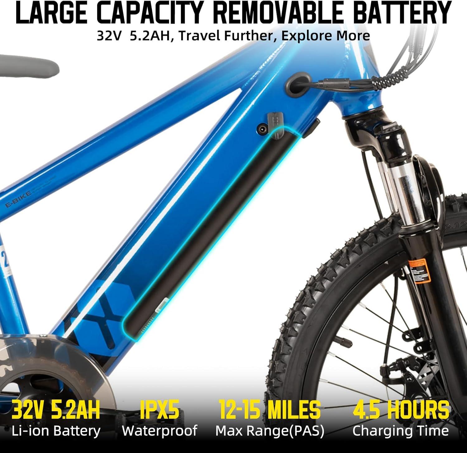 imageJOYSTAR Electric Bike for Kids Teens Ages 10 with 350W Brushless Motor 15 Miles 15MPH Electric Mountain Bicycle with Removable Battery Safe Mini Ebikes with Dual Disc Brakes Multiple ColorsBlue