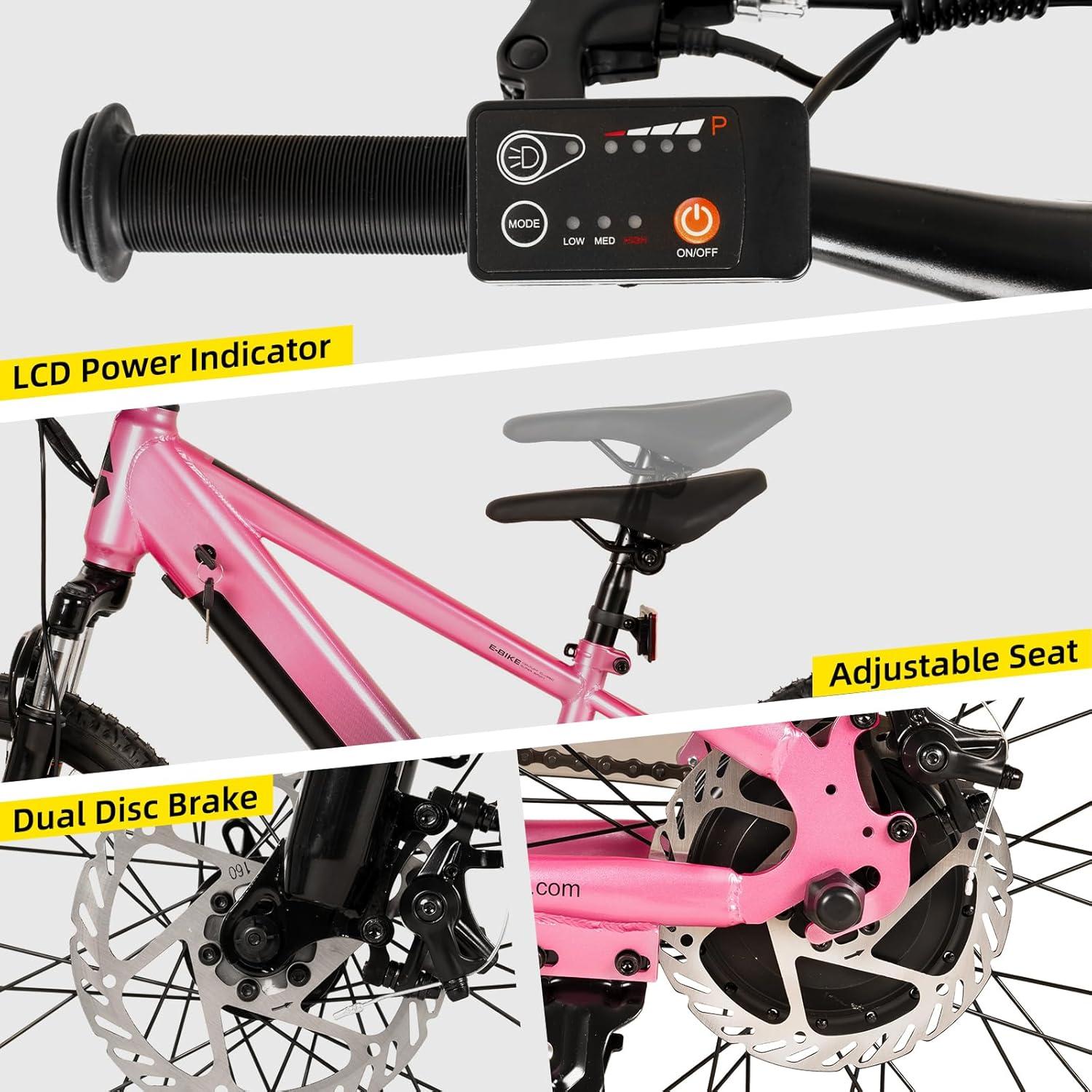 imageJOYSTAR Electric Bike for Kids Teens Ages 10 with 350W Brushless Motor 15 Miles 15MPH Electric Mountain Bicycle with Removable Battery Safe Mini Ebikes with Dual Disc Brakes Multiple ColorsPink