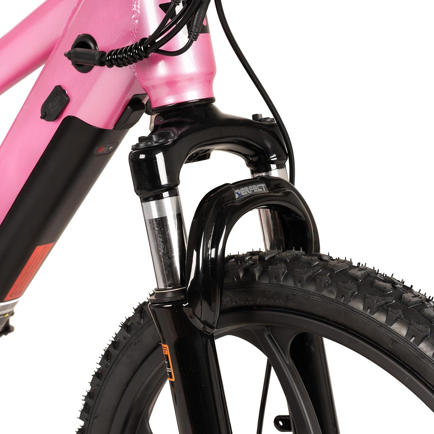 imageJOYSTAR Electric Bike for Kids Teens Ages 10 with 350W Brushless Motor 15 Miles 15MPH Electric Mountain Bicycle with Removable Battery Safe Mini Ebikes with Dual Disc Brakes Multiple ColorsPink