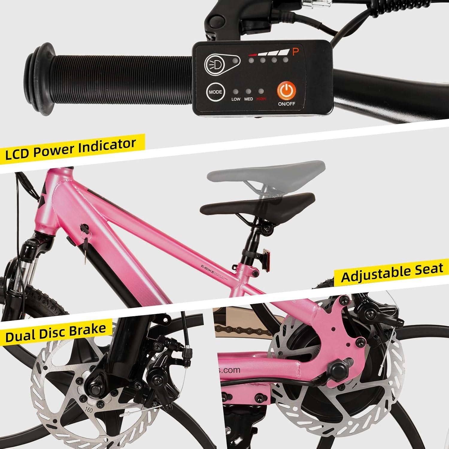 imageJOYSTAR Electric Bike for Kids Teens Ages 10 with 350W Brushless Motor 15 Miles 15MPH Electric Mountain Bicycle with Removable Battery Safe Mini Ebikes with Dual Disc Brakes Multiple ColorsPink