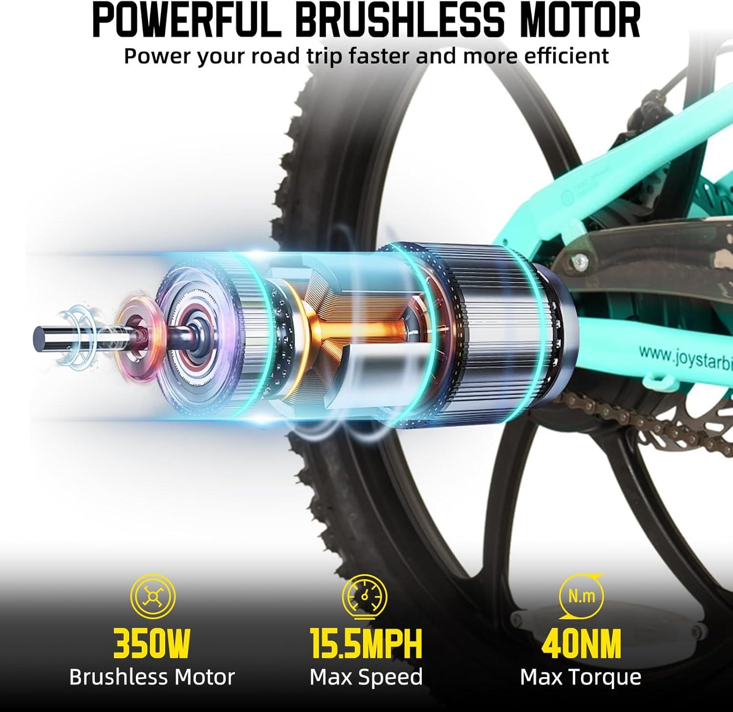 imageJOYSTAR Electric Bike for Kids Teens Ages 10 with 350W Brushless Motor 15 Miles 15MPH Electric Mountain Bicycle with Removable Battery Safe Mini Ebikes with Dual Disc Brakes Multiple ColorsGreen