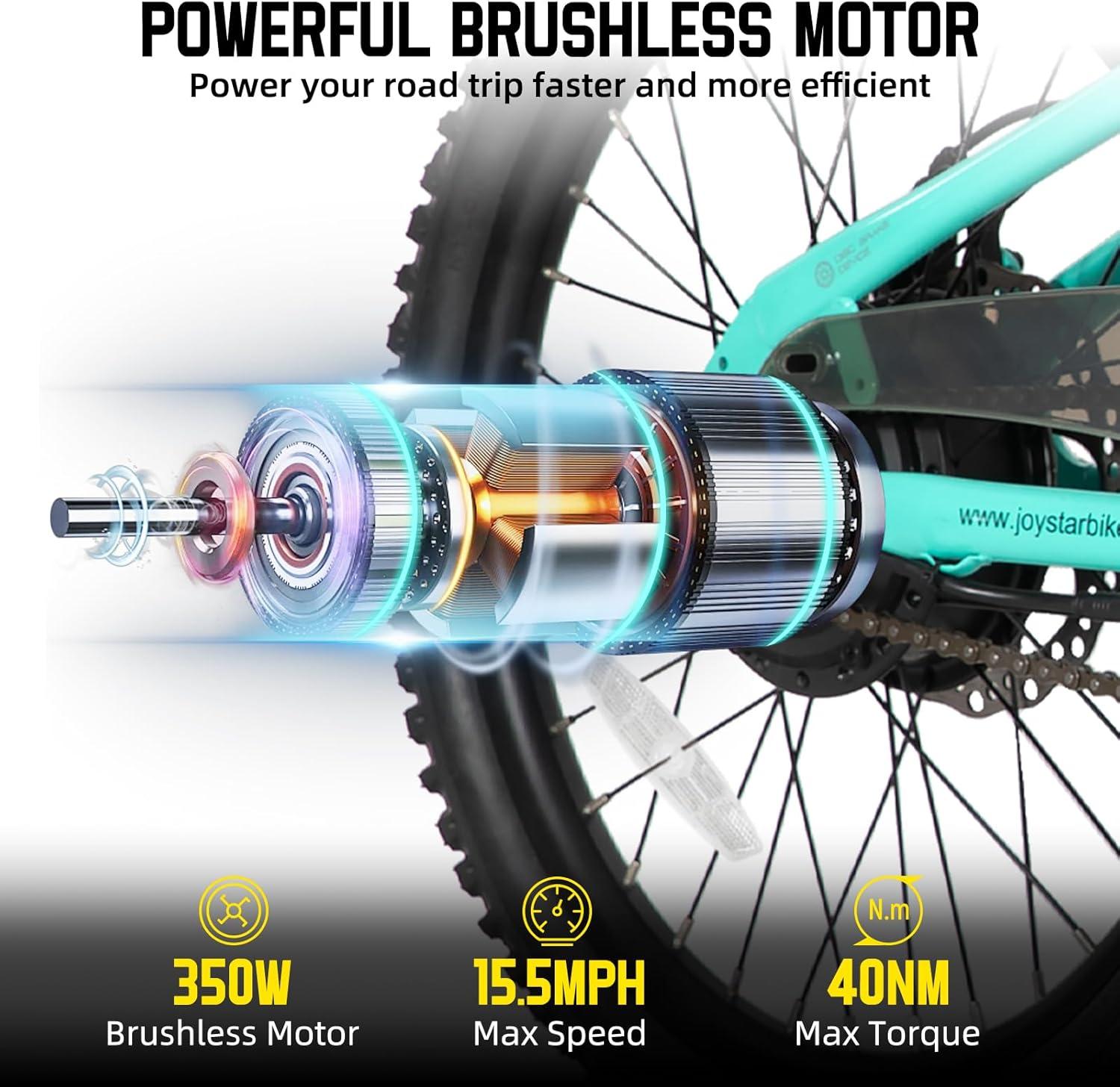 imageJOYSTAR Electric Bike for Kids Teens Ages 10 with 350W Brushless Motor 15 Miles 15MPH Electric Mountain Bicycle with Removable Battery Safe Mini Ebikes with Dual Disc Brakes Multiple ColorsGreen