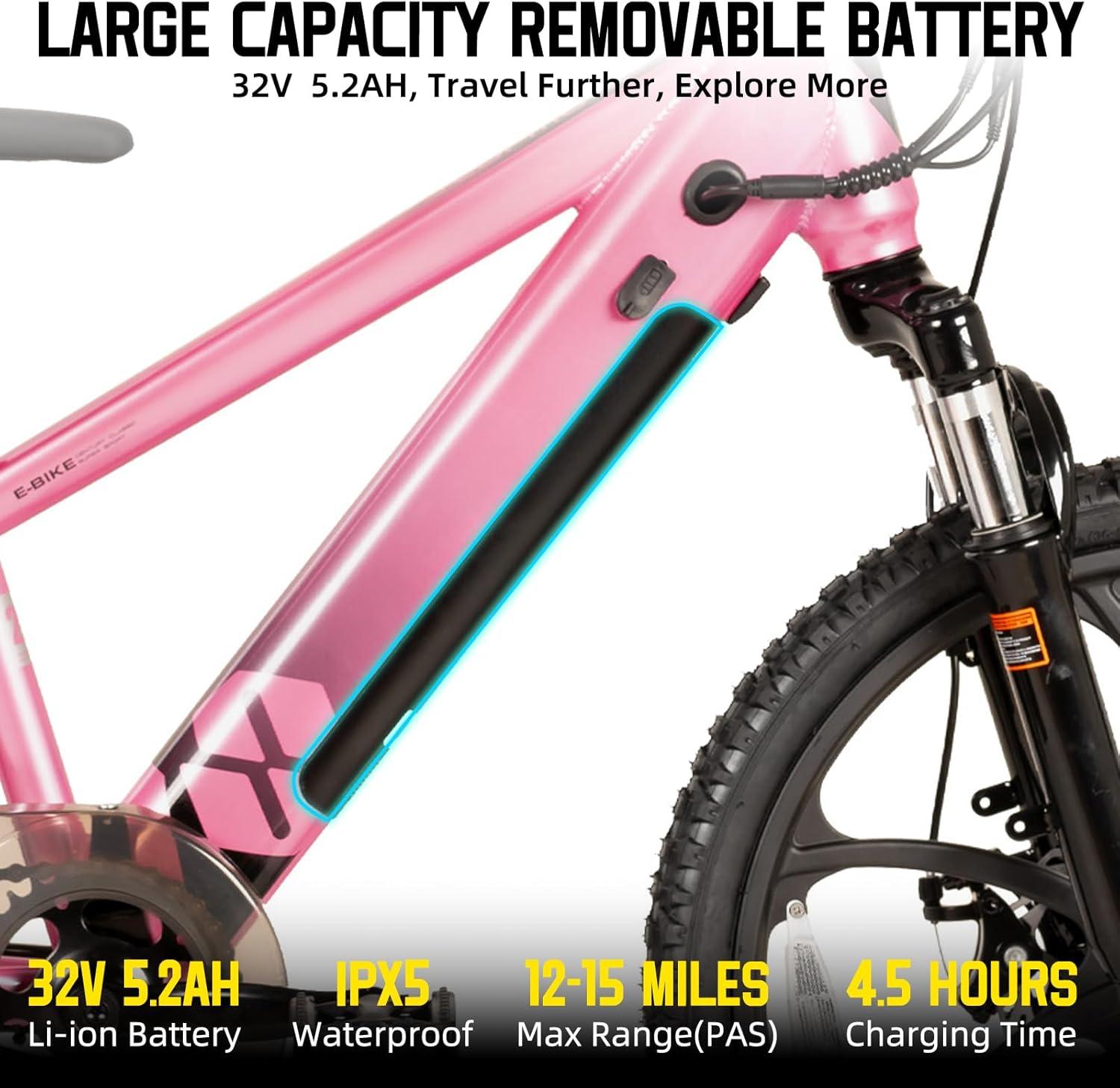 imageJOYSTAR Electric Bike for Kids Teens Ages 10 with 350W Brushless Motor 15 Miles 15MPH Electric Mountain Bicycle with Removable Battery Safe Mini Ebikes with Dual Disc Brakes Multiple ColorsPink