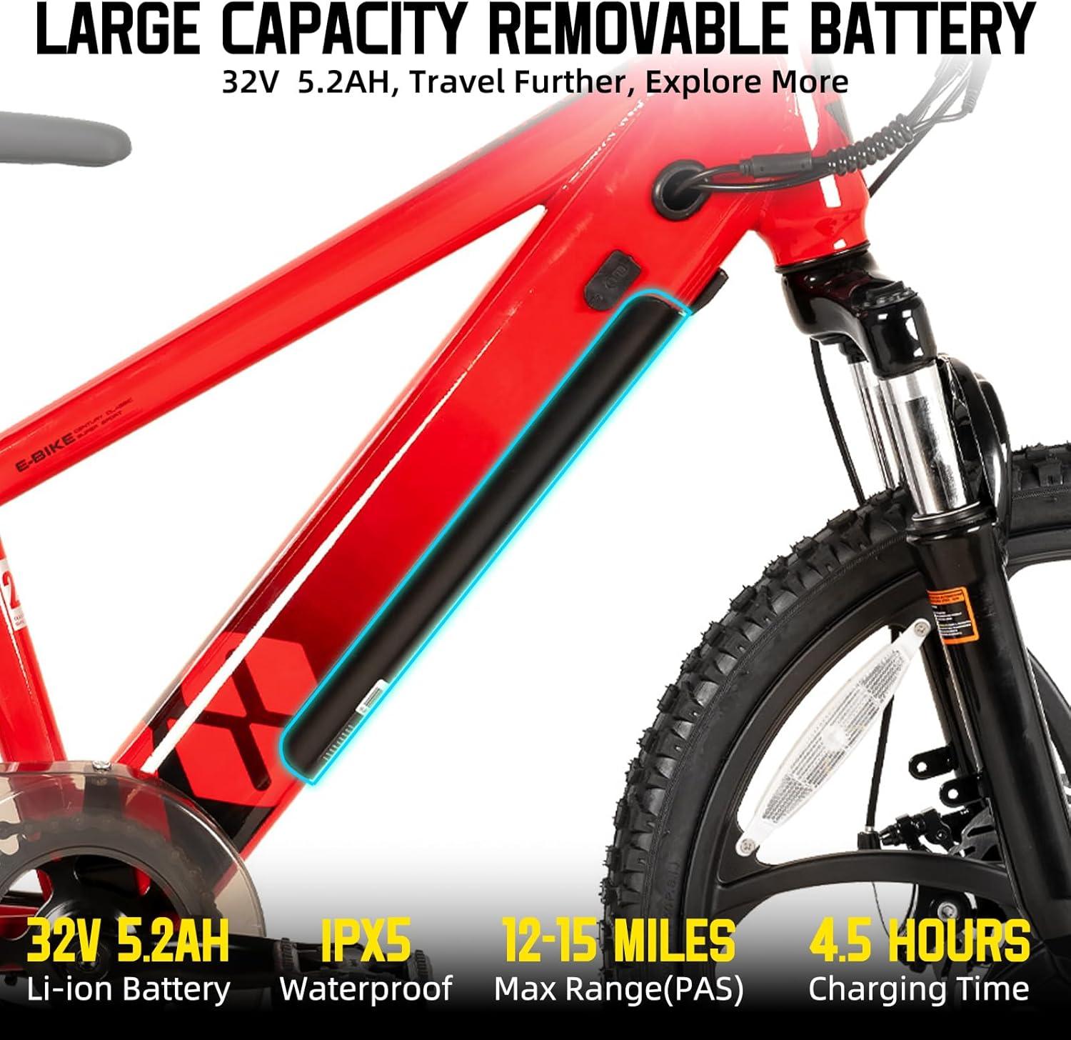 imageJOYSTAR Electric Bike for Kids Teens Ages 10 with 350W Brushless Motor 15 Miles 15MPH Electric Mountain Bicycle with Removable Battery Safe Mini Ebikes with Dual Disc Brakes Multiple ColorsRed