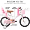 imageJOYSTAR Kids Bike for 27 Years Girls Boys wo Dual Handbrake 12 14 16 Inch Princess Girls Bike with Training Wheels Doll Seat Streamers Boys Bikes with Flag ampamp Water Bottle Kids BicycleWhite