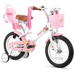 imageJOYSTAR Kids Bike for 27 Years Girls Boys wo Dual Handbrake 12 14 16 Inch Princess Girls Bike with Training Wheels Doll Seat Streamers Boys Bikes with Flag ampamp Water Bottle Kids BicycleWhite