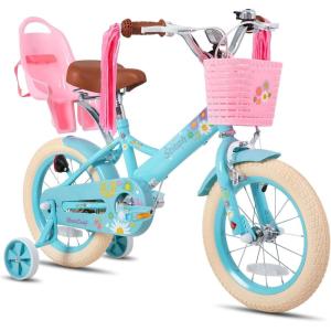 imageJOYSTAR Kids Bike for 27 Years Girls Boys wo Dual Handbrake 12 14 16 Inch Princess Girls Bike with Training Wheels Doll Seat Streamers Boys Bikes with Flag ampamp Water Bottle Kids BicycleBlue