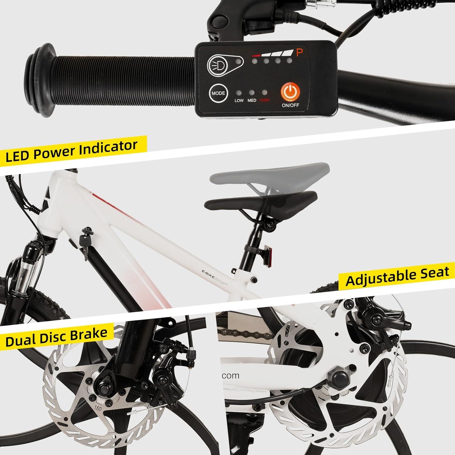 imageJOYSTAR 20 Inch Electric Bike for Kids Teens Ages 7 with 250W Brushless Motor 15 Miles 15MPH Electric Mountain Bicycle with Removable Battery Safe Mini Ebikes with Dual Disc BrakesWhite