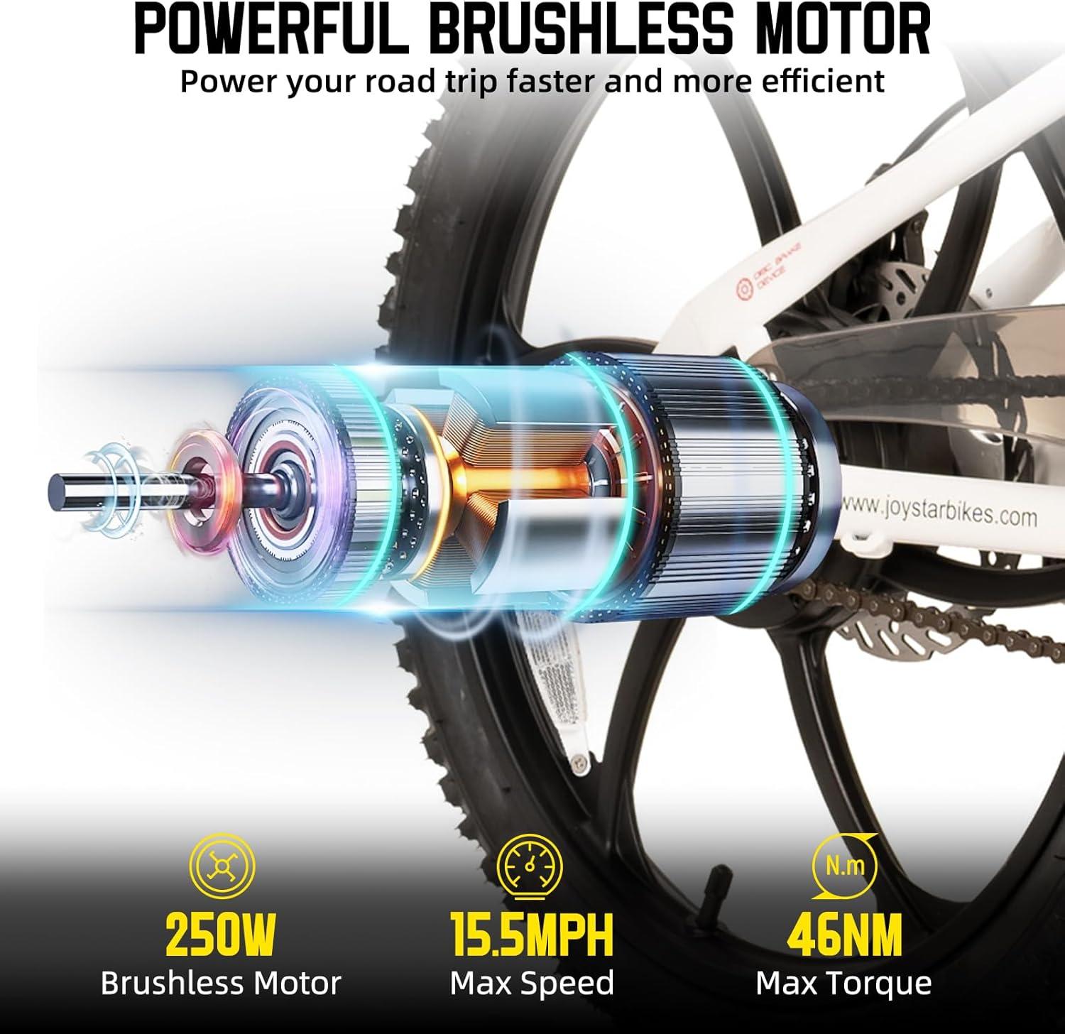 imageJOYSTAR 20 Inch Electric Bike for Kids Teens Ages 7 with 250W Brushless Motor 15 Miles 15MPH Electric Mountain Bicycle with Removable Battery Safe Mini Ebikes with Dual Disc BrakesWhite