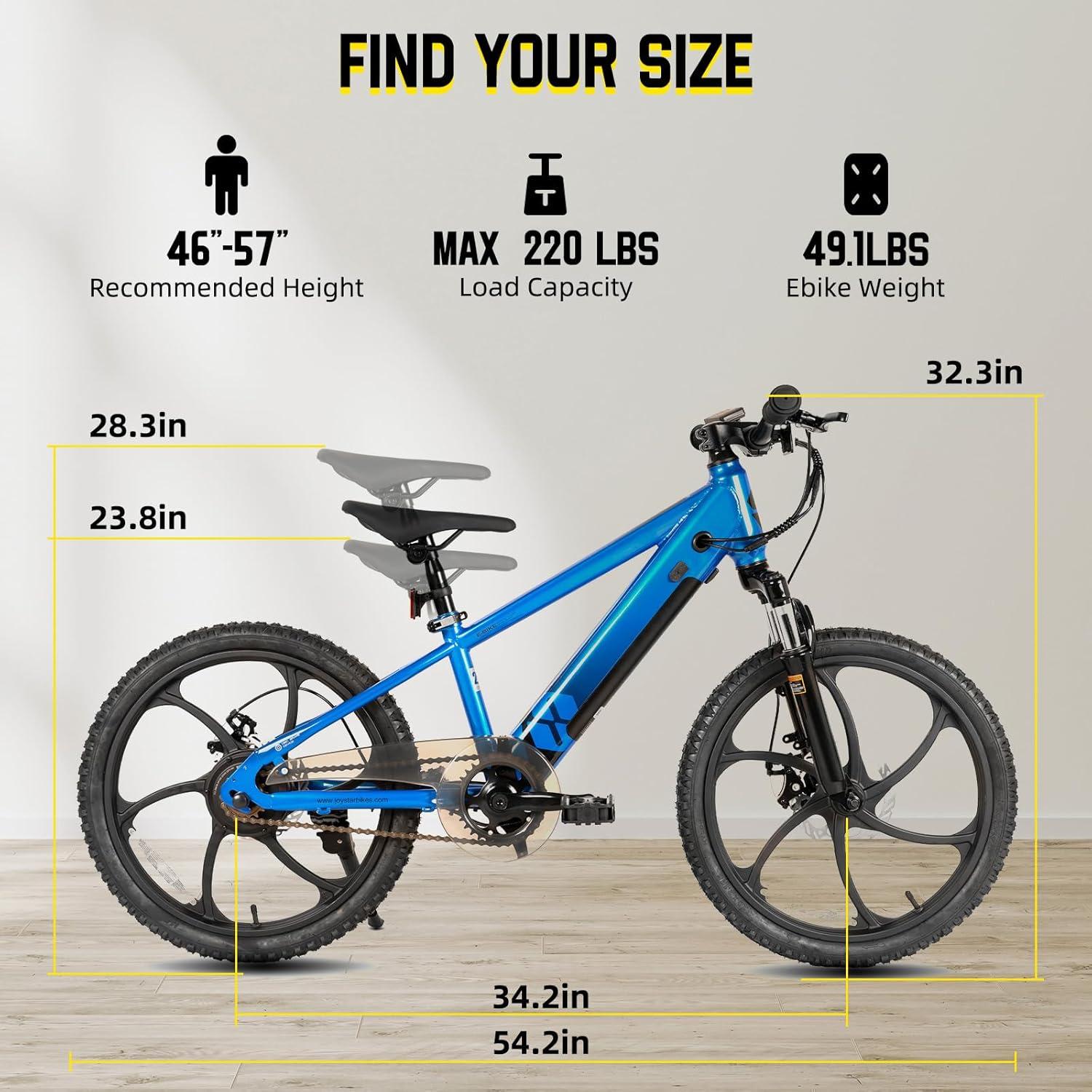 imageJOYSTAR 20 Inch Electric Bike for Kids Teens Ages 7 with 250W Brushless Motor 15 Miles 15MPH Electric Mountain Bicycle with Removable Battery Safe Mini Ebikes with Dual Disc BrakesBlue