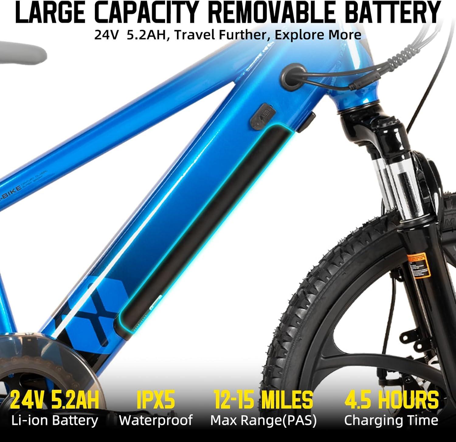 imageJOYSTAR 20 Inch Electric Bike for Kids Teens Ages 7 with 250W Brushless Motor 15 Miles 15MPH Electric Mountain Bicycle with Removable Battery Safe Mini Ebikes with Dual Disc BrakesBlue