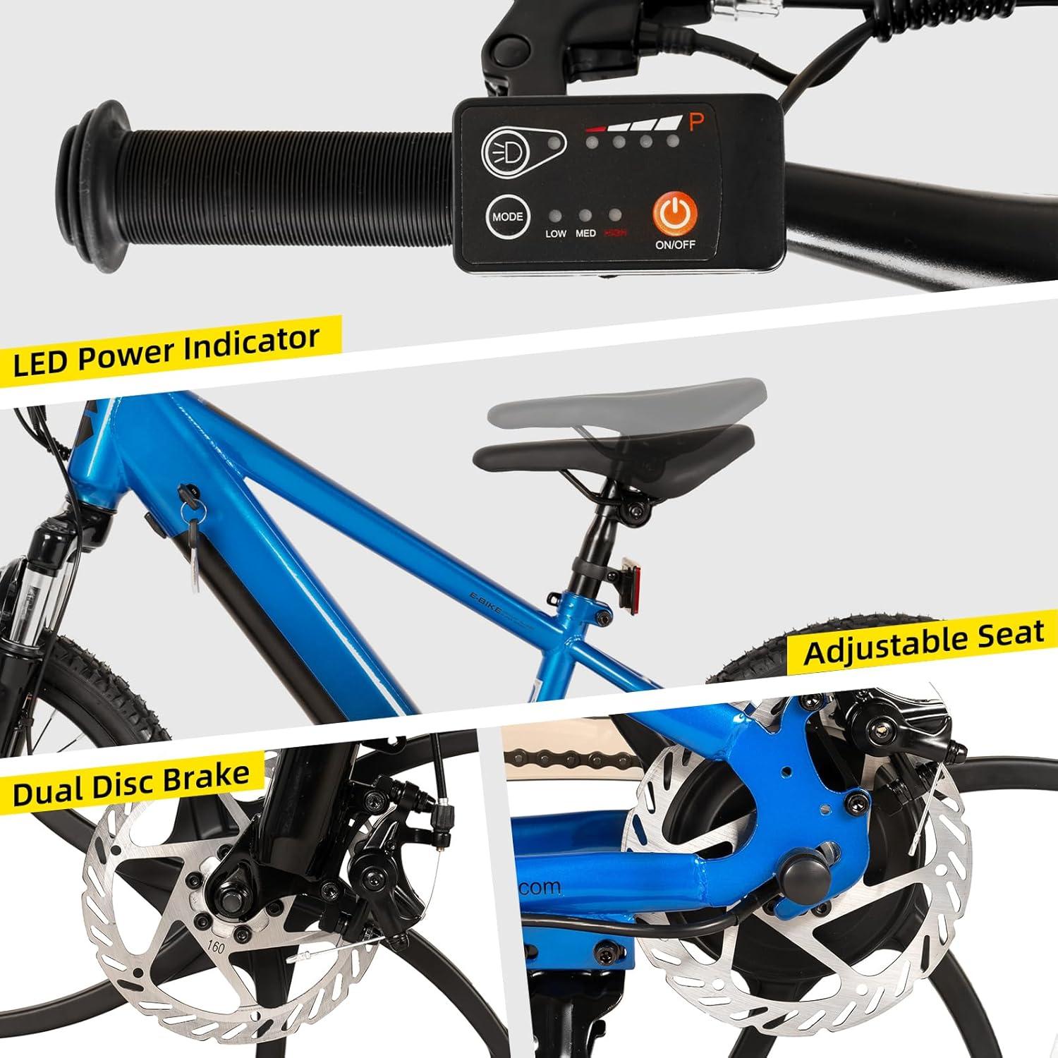 imageJOYSTAR 20 Inch Electric Bike for Kids Teens Ages 7 with 250W Brushless Motor 15 Miles 15MPH Electric Mountain Bicycle with Removable Battery Safe Mini Ebikes with Dual Disc BrakesBlue