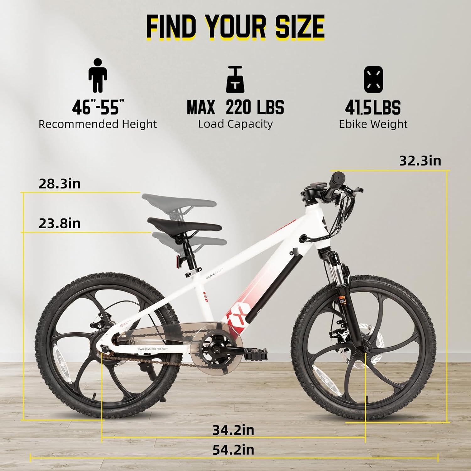 imageJOYSTAR 20 Inch Electric Bike for Kids Teens Ages 7 with 250W Brushless Motor 15 Miles 15MPH Electric Mountain Bicycle with Removable Battery Safe Mini Ebikes with Dual Disc BrakesWhite
