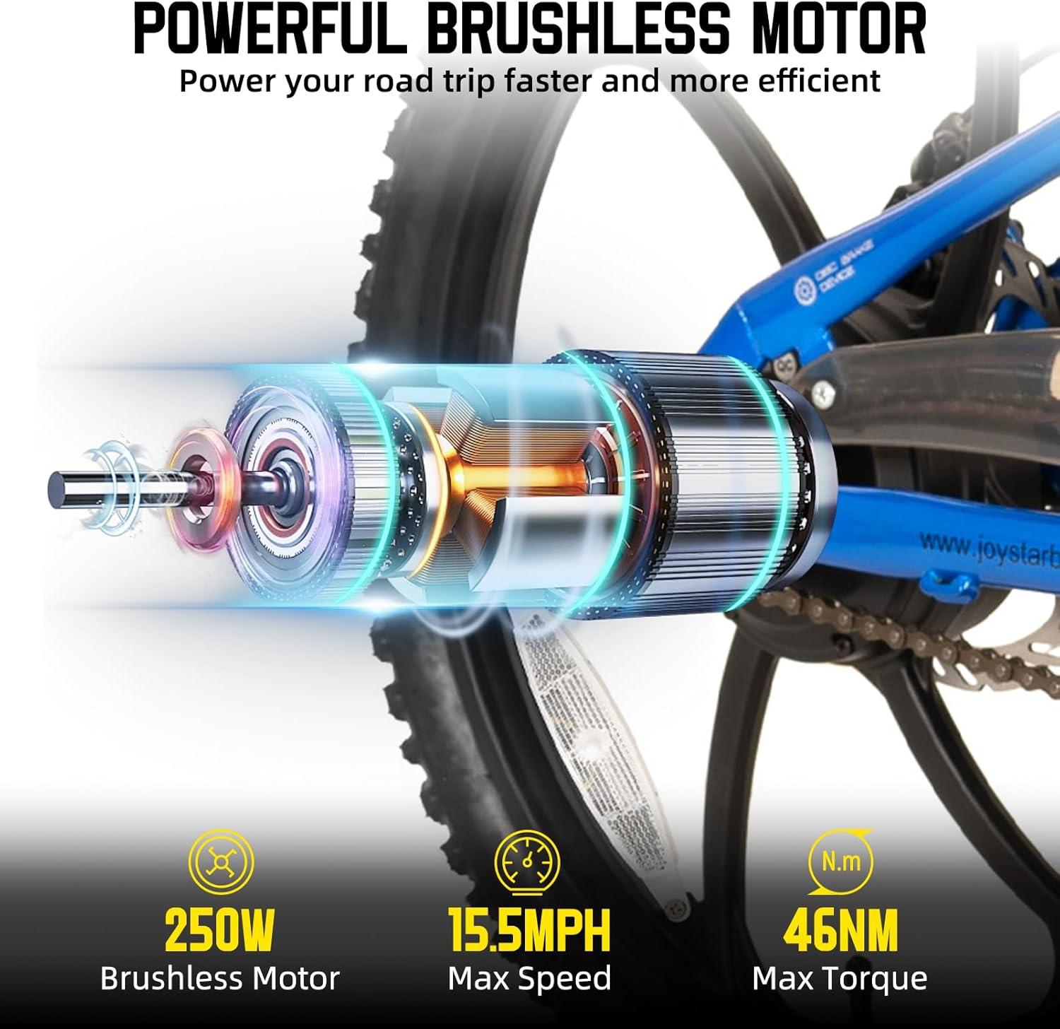 imageJOYSTAR 20 Inch Electric Bike for Kids Teens Ages 7 with 250W Brushless Motor 15 Miles 15MPH Electric Mountain Bicycle with Removable Battery Safe Mini Ebikes with Dual Disc BrakesBlue