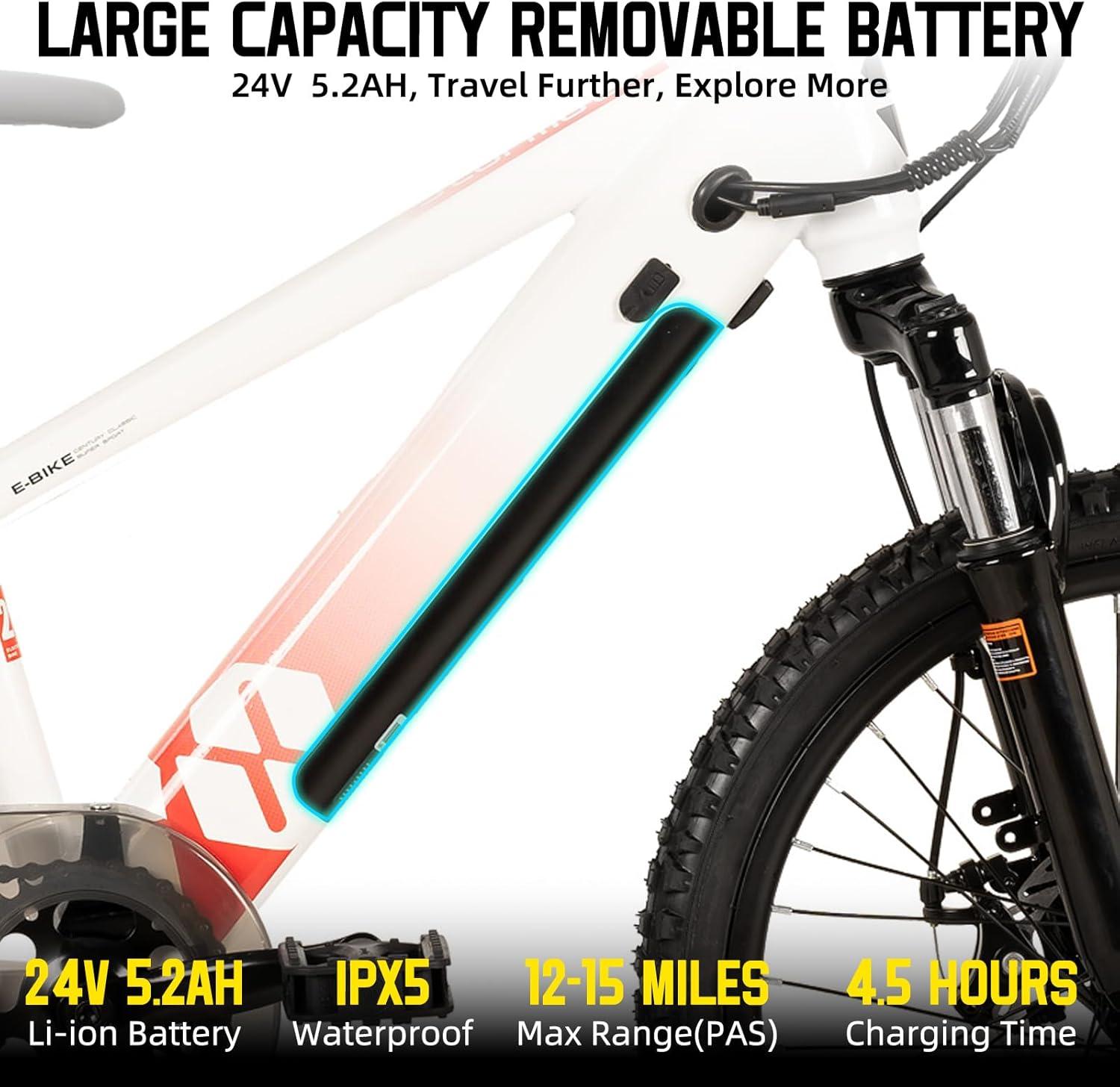 imageJOYSTAR 20 Inch Electric Bike for Kids Teens Ages 7 with 250W Brushless Motor 15 Miles 15MPH Electric Mountain Bicycle with Removable Battery Safe Mini Ebikes with Dual Disc BrakesWhite