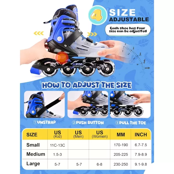image2PM SPORTS Inline Skates for Girls Boys Kids Age 48 58 612 812 with Light Up Wheels Adjustable Inline Skates for Women Youth Size 11C 1 2 3 4 5 6 7 8Blue