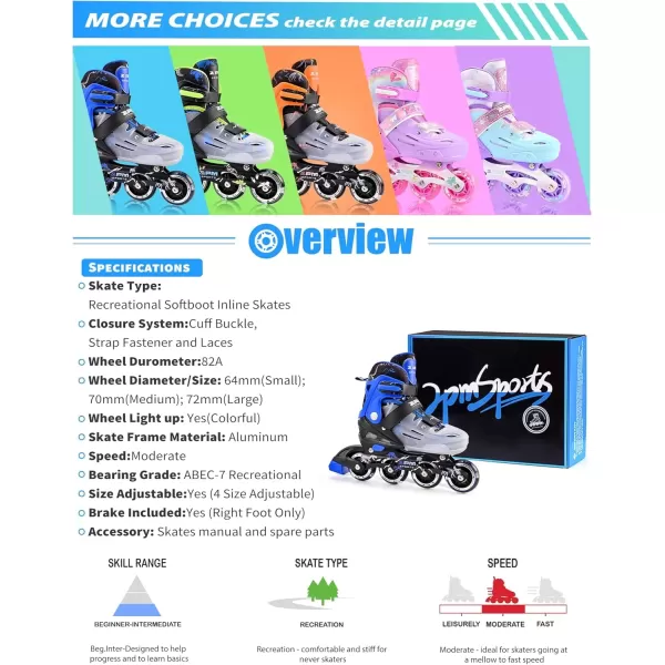 image2PM SPORTS Inline Skates for Girls Boys Kids Age 48 58 612 812 with Light Up Wheels Adjustable Inline Skates for Women Youth Size 11C 1 2 3 4 5 6 7 8Blue
