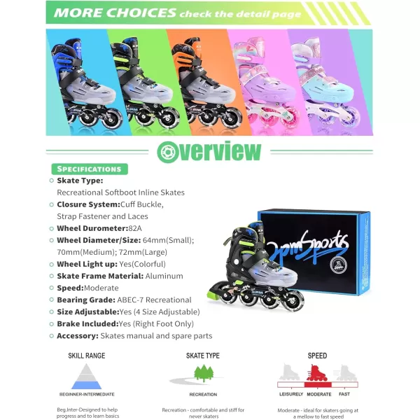image2PM SPORTS Inline Skates for Girls Boys Kids Age 48 58 612 812 with Light Up Wheels Adjustable Inline Skates for Women Youth Size 11C 1 2 3 4 5 6 7 8Green