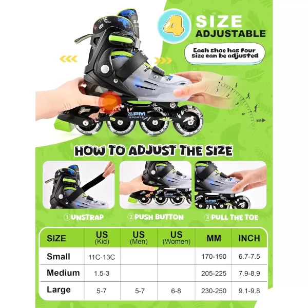 image2PM SPORTS Inline Skates for Girls Boys Kids Age 48 58 612 812 with Light Up Wheels Adjustable Inline Skates for Women Youth Size 11C 1 2 3 4 5 6 7 8Green