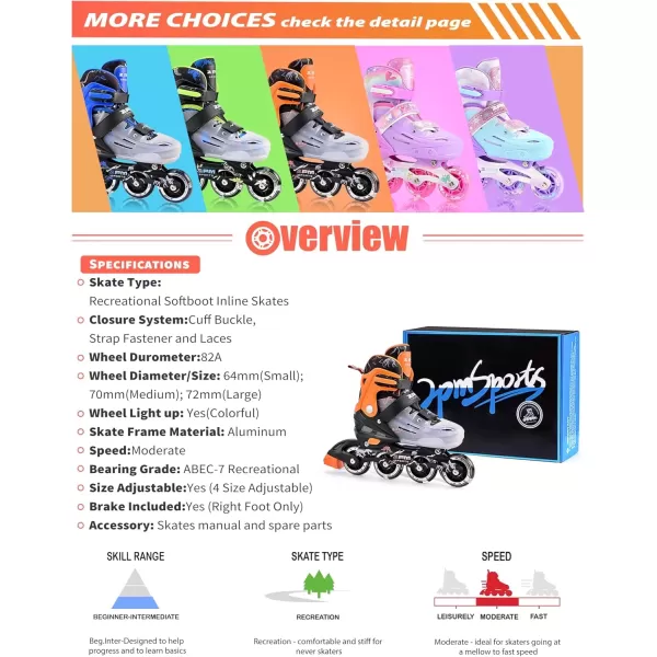 image2PM SPORTS Inline Skates for Girls Boys Kids Age 48 58 612 812 with Light Up Wheels Adjustable Inline Skates for Women Youth Size 11C 1 2 3 4 5 6 7 8Orange