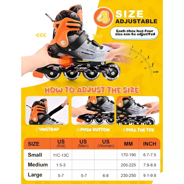 image2PM SPORTS Inline Skates for Girls Boys Kids Age 48 58 612 812 with Light Up Wheels Adjustable Inline Skates for Women Youth Size 11C 1 2 3 4 5 6 7 8Orange